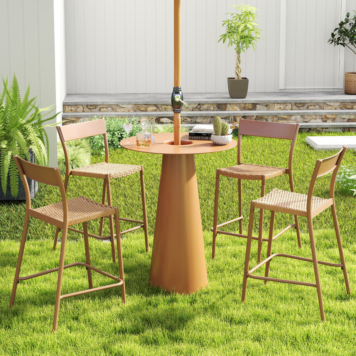 Taburetes de bar para patio, juego de 4 con asiento de ratán y respaldo de metal - Marrón claro