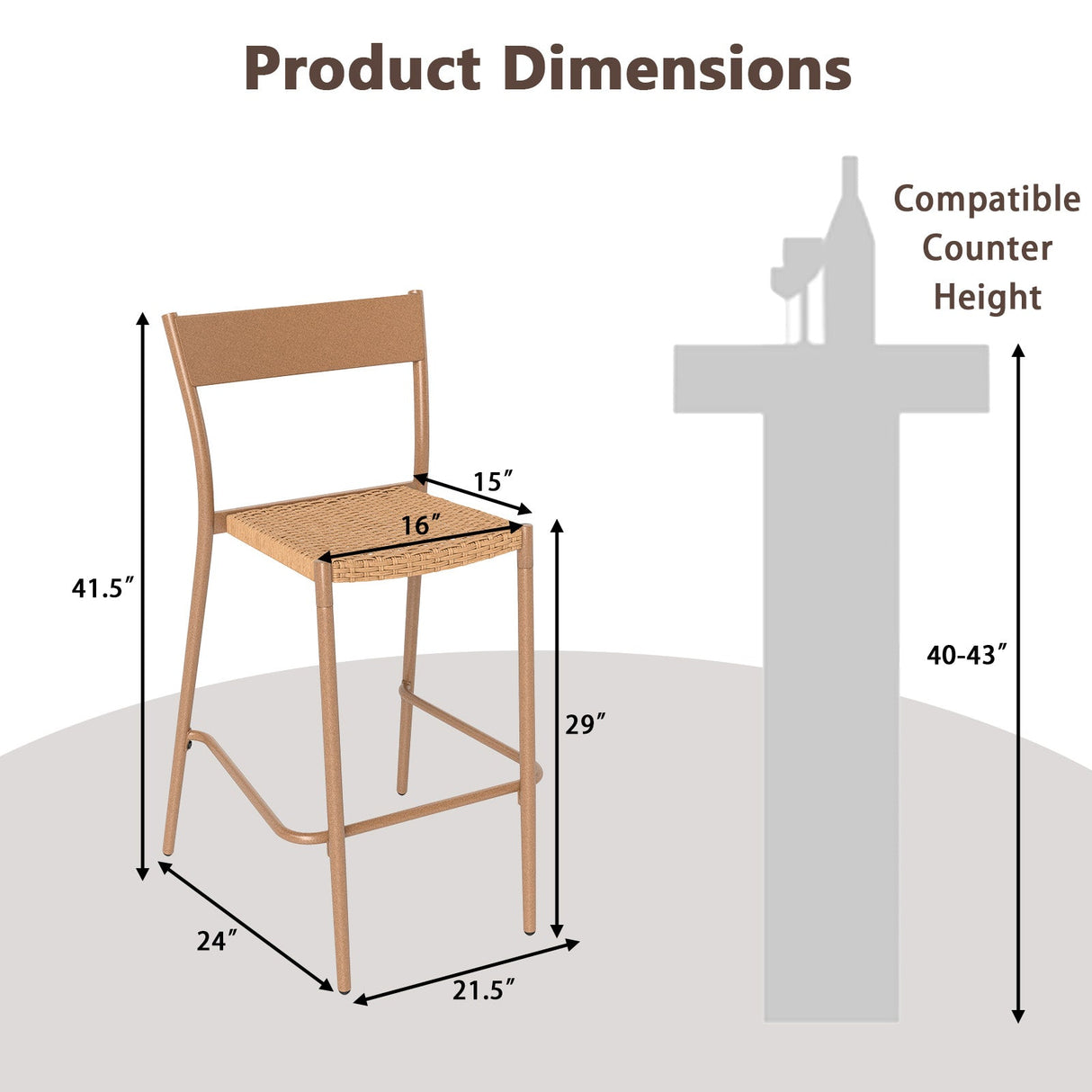 Taburetes de bar para patio, juego de 4 con asiento de ratán y respaldo de metal - Marrón claro
