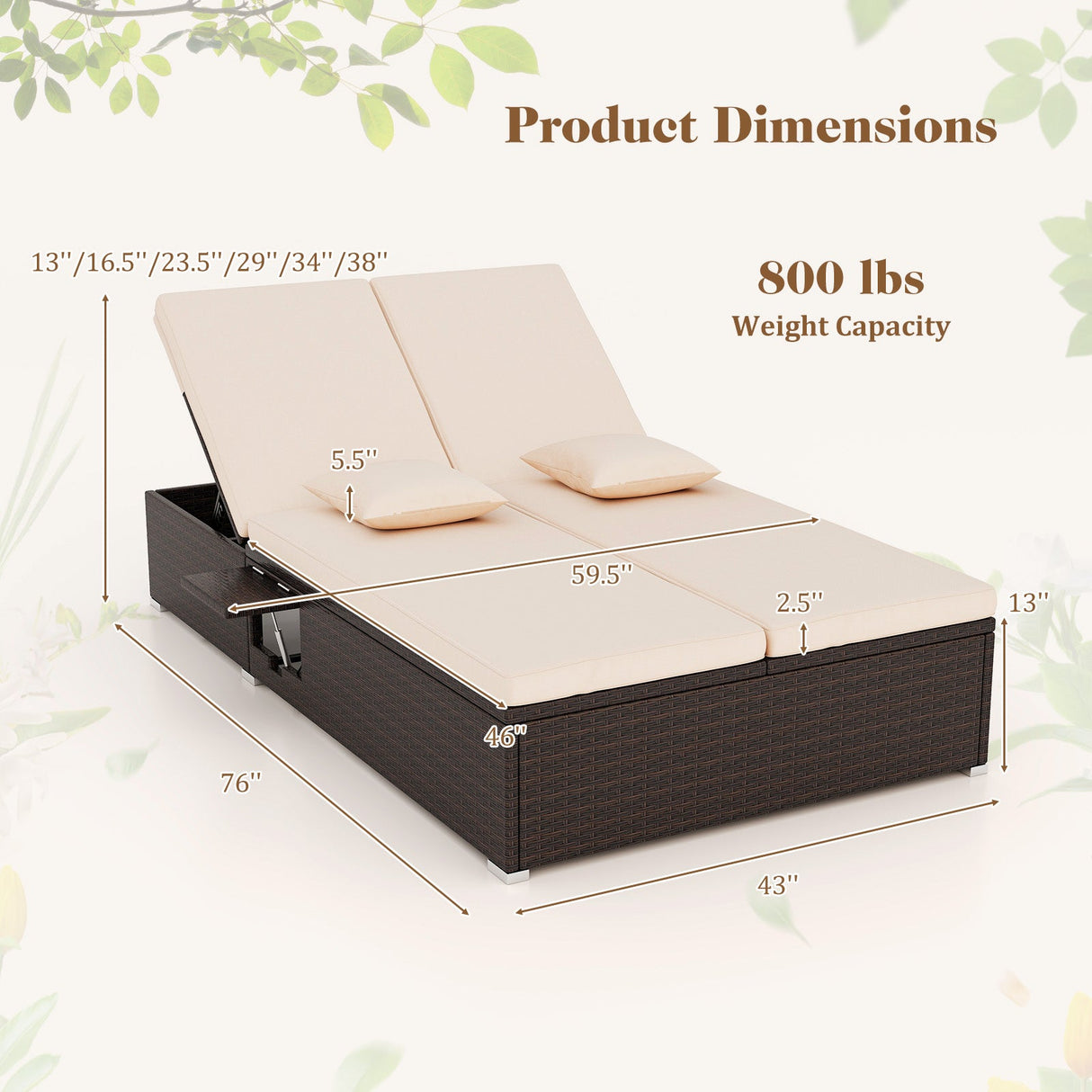 Tumbona doble de patio con cojines y bandejas laterales plegables