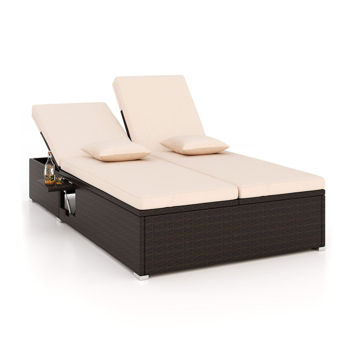 Tumbona doble de patio con cojines y bandejas laterales plegables