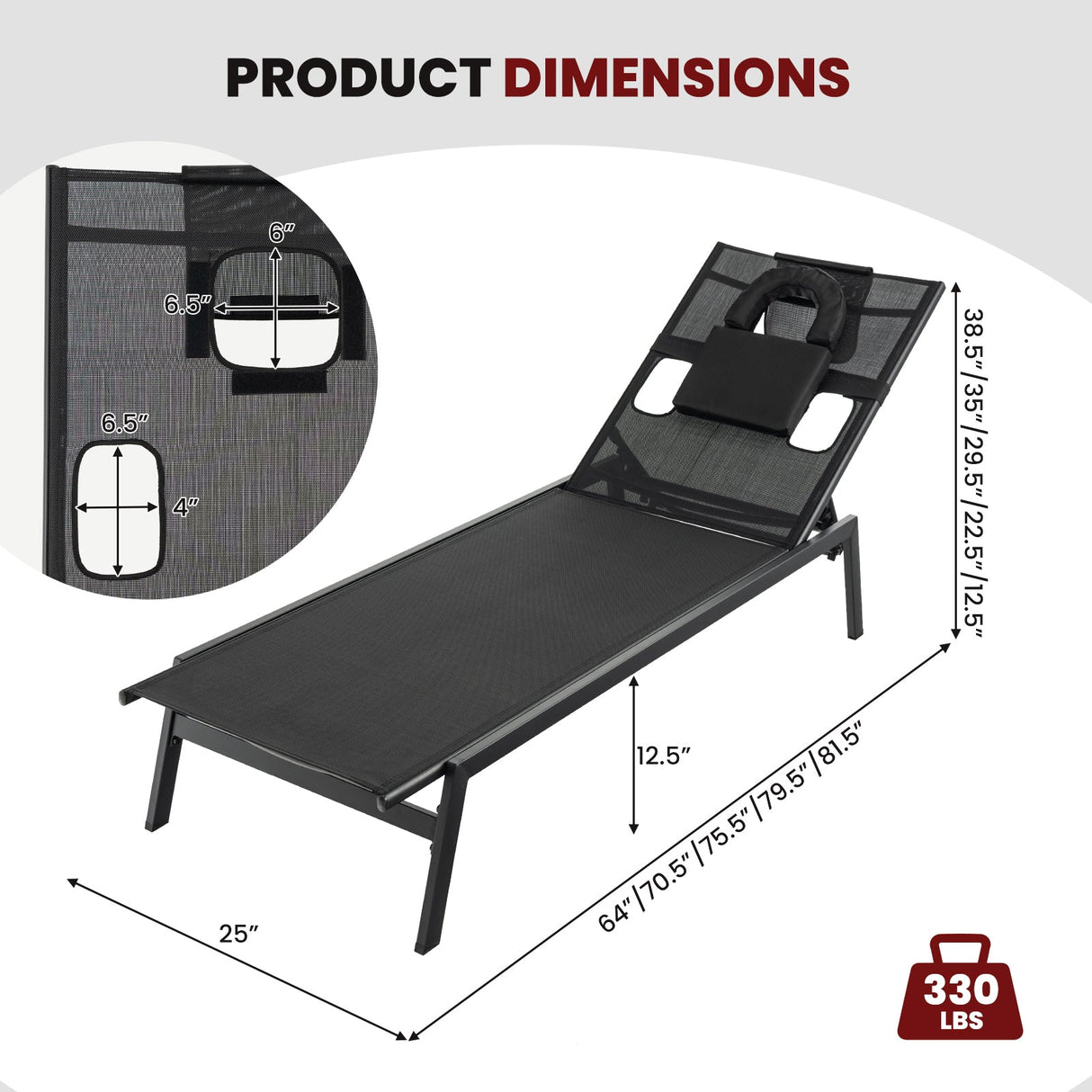 Tumbona reclinable de 5 posiciones para tomar el sol en el patio - Negra