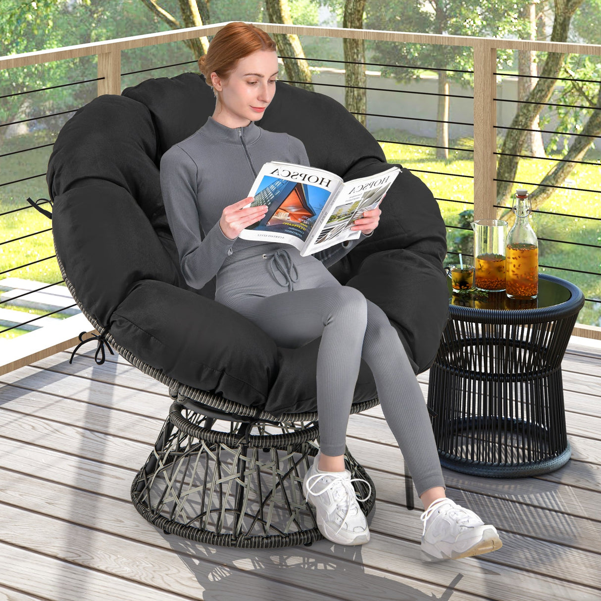 Sillón Papasan de Mimbre de PE con Cojín Grueso y Extraíble - Negro