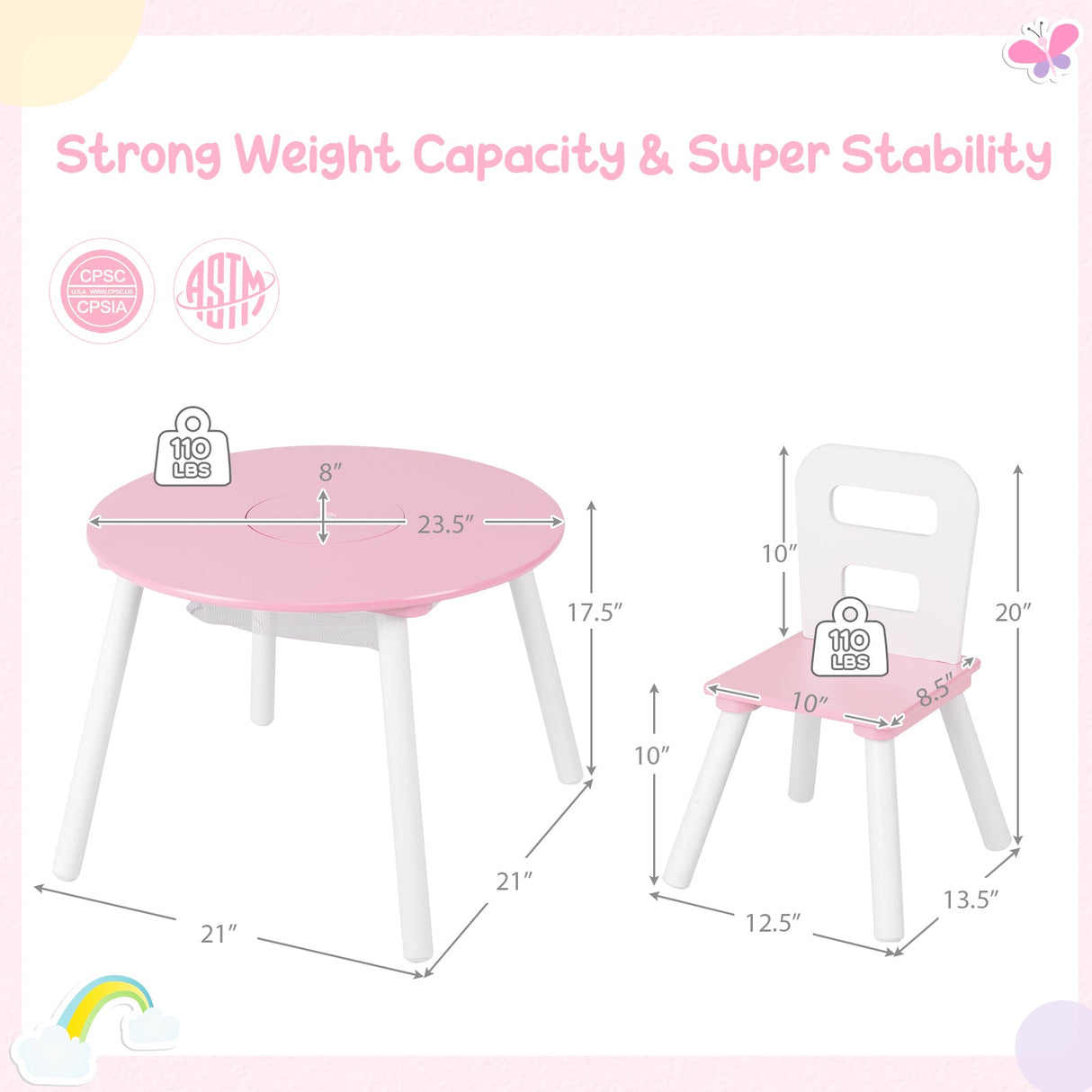 Mesa y Sillas de Madera para Niños con Almacenamiento Central de Malla para Merienda y Deberes - Rosa