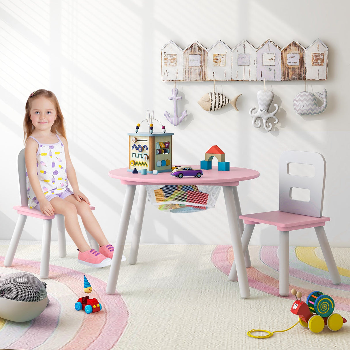 Mesa y Sillas de Madera para Niños con Almacenamiento Central de Malla para Merienda y Deberes - Rosa