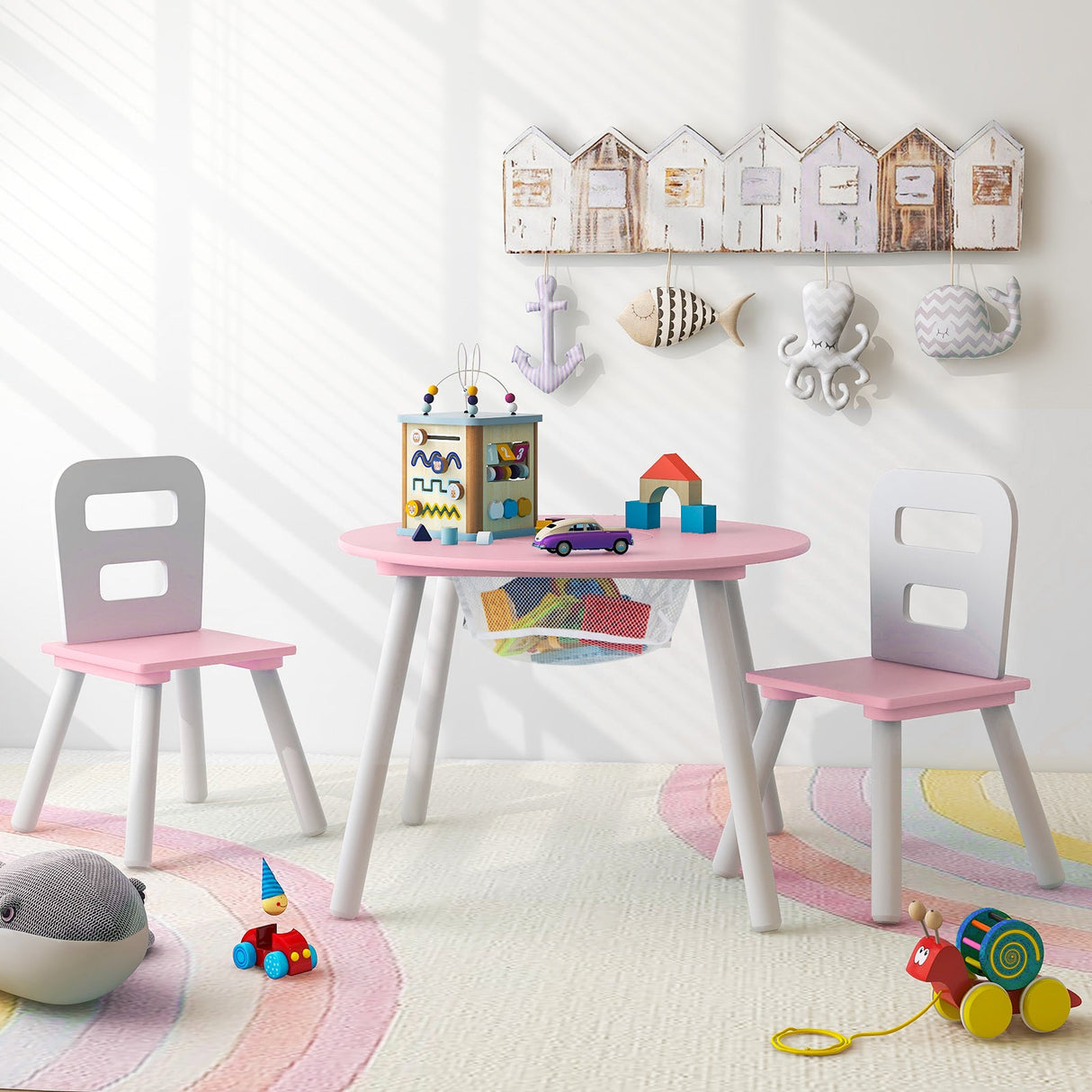 Mesa y Sillas de Madera para Niños con Almacenamiento Central de Malla para Merienda y Deberes - Rosa