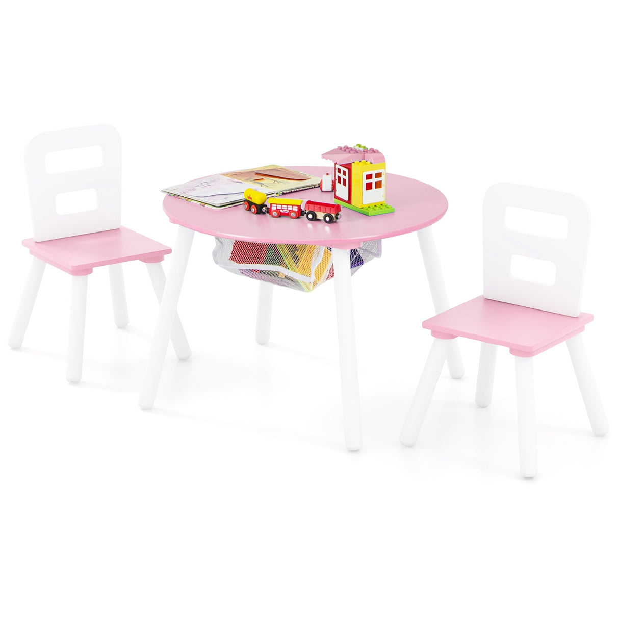 Mesa y Sillas de Madera para Niños con Almacenamiento Central de Malla para Merienda y Deberes - Rosa