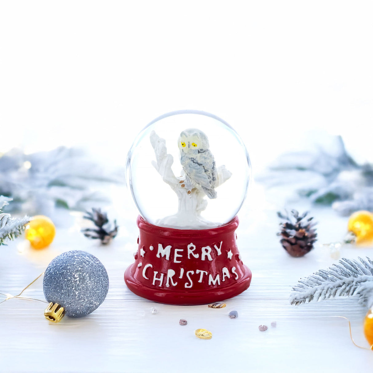 White Owl Perched on Red Base Mini Water Snow Globe