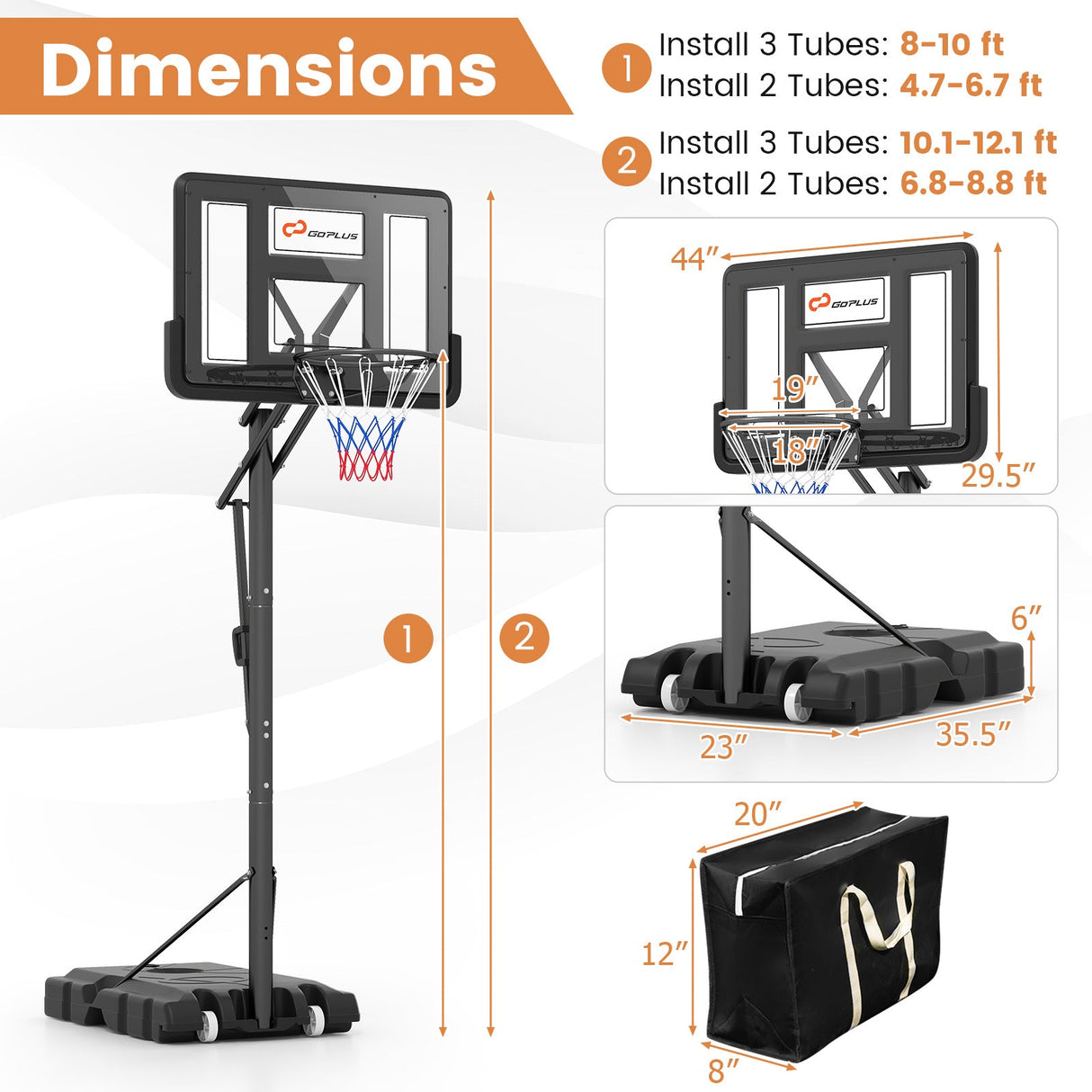 Canasta de baloncesto portátil con altura ajustable de 4.6 a 10 pies y 10 niveles