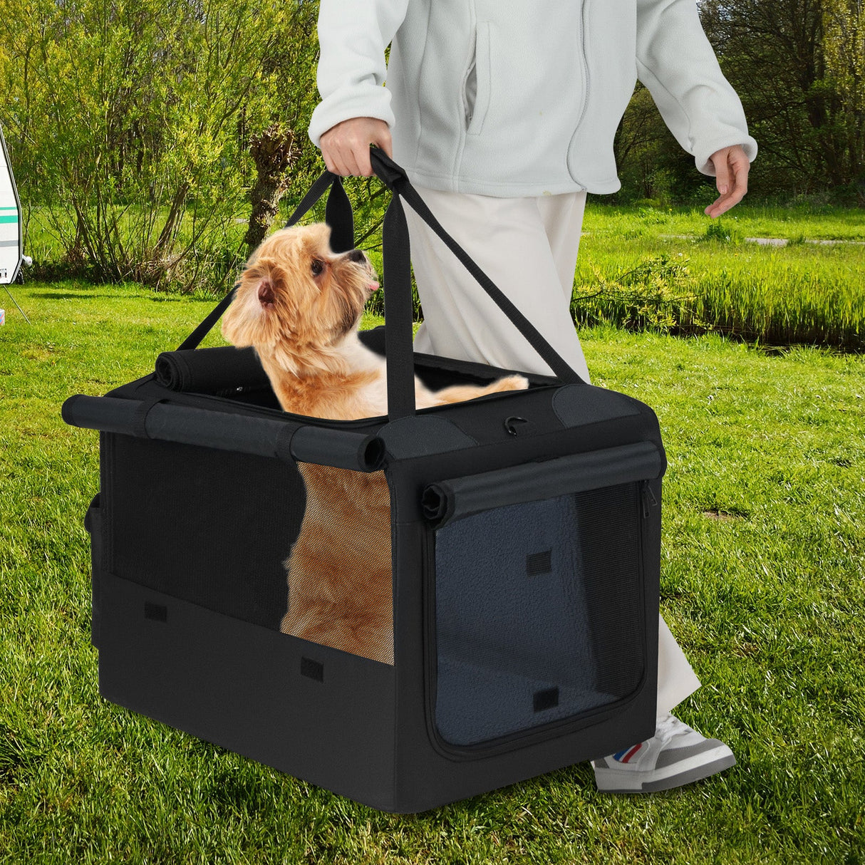 Bolsa de Transporte Plegable Portátil para Mascotas con 2 Aberturas y Cojín Cómodo
