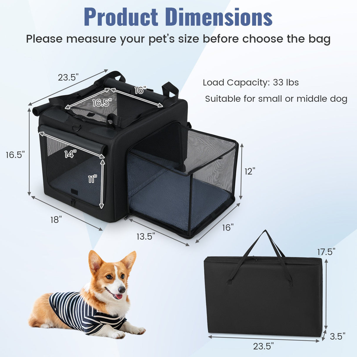 Bolsa de Transporte Plegable Portátil para Mascotas con 2 Aberturas y Cojín Cómodo