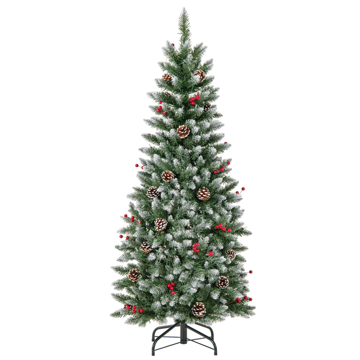 Árbol de Navidad artificial preiluminado tipo lápiz con piñas y bayas rojas