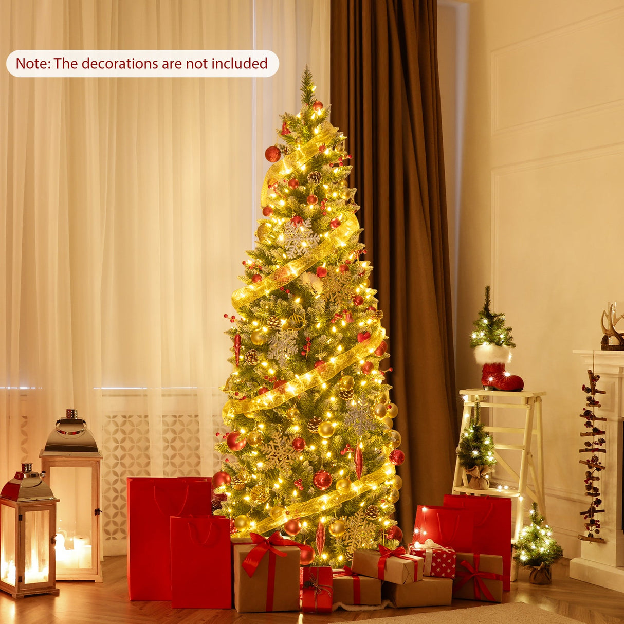 Árbol de Navidad artificial preiluminado tipo lápiz con piñas y bayas rojas