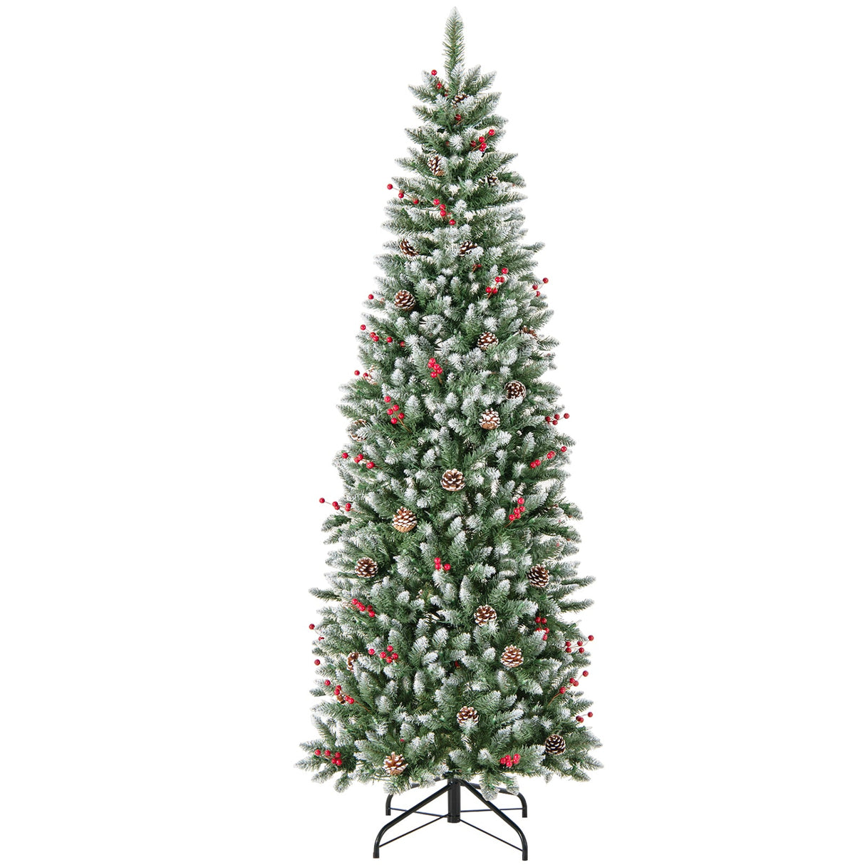 Árbol de Navidad artificial preiluminado tipo lápiz con piñas y bayas rojas