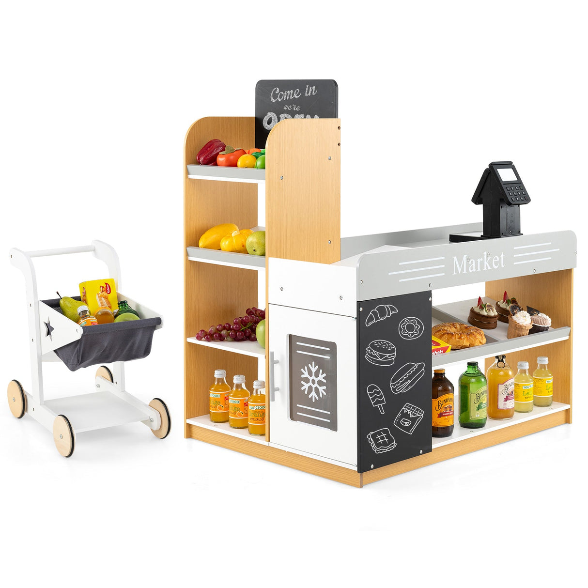 Juego de tienda de comestibles de juguete con carrito de compras y 2 pizarras - Blanco