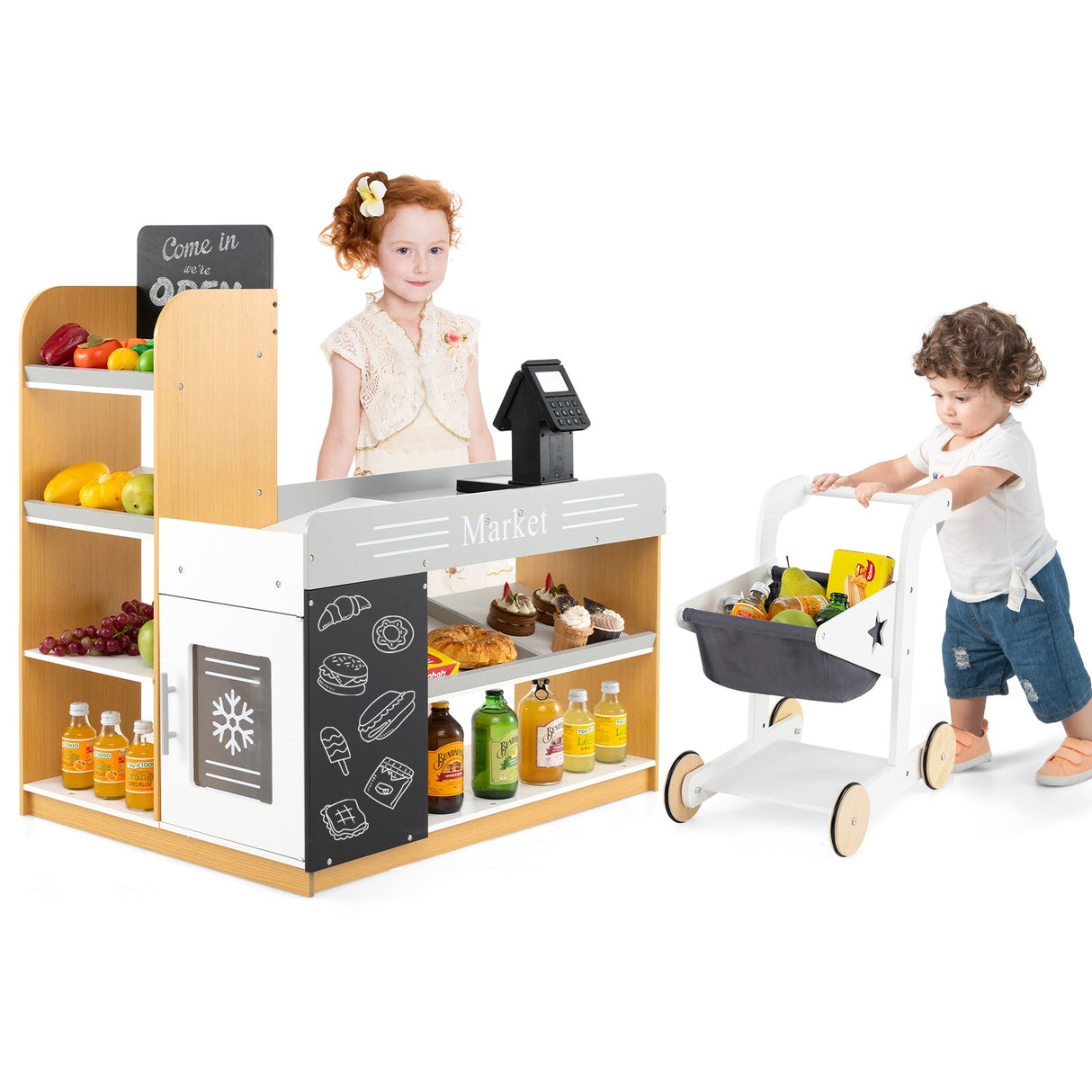 Juego de tienda de comestibles de juguete con carrito de compras y 2 pizarras - Blanco