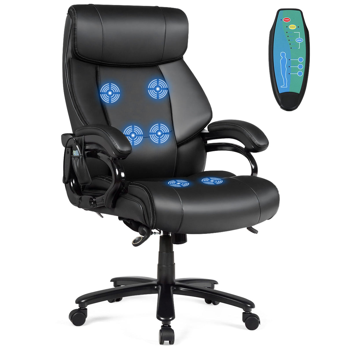 Sillón de oficina de masaje de cuero sintético Big & Tall de 400 lb - Negro