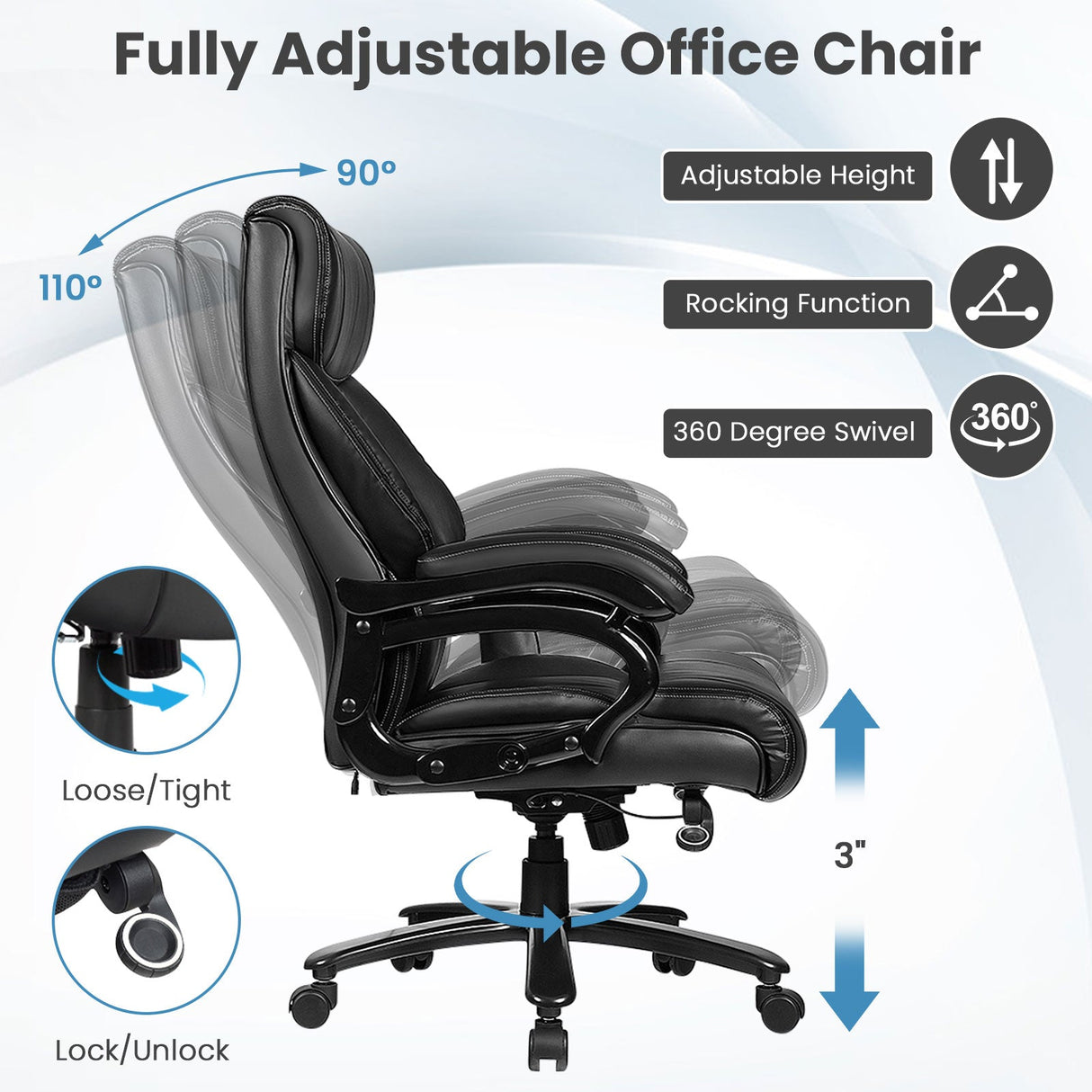 Sillón de oficina de masaje de cuero sintético Big & Tall de 400 lb - Negro