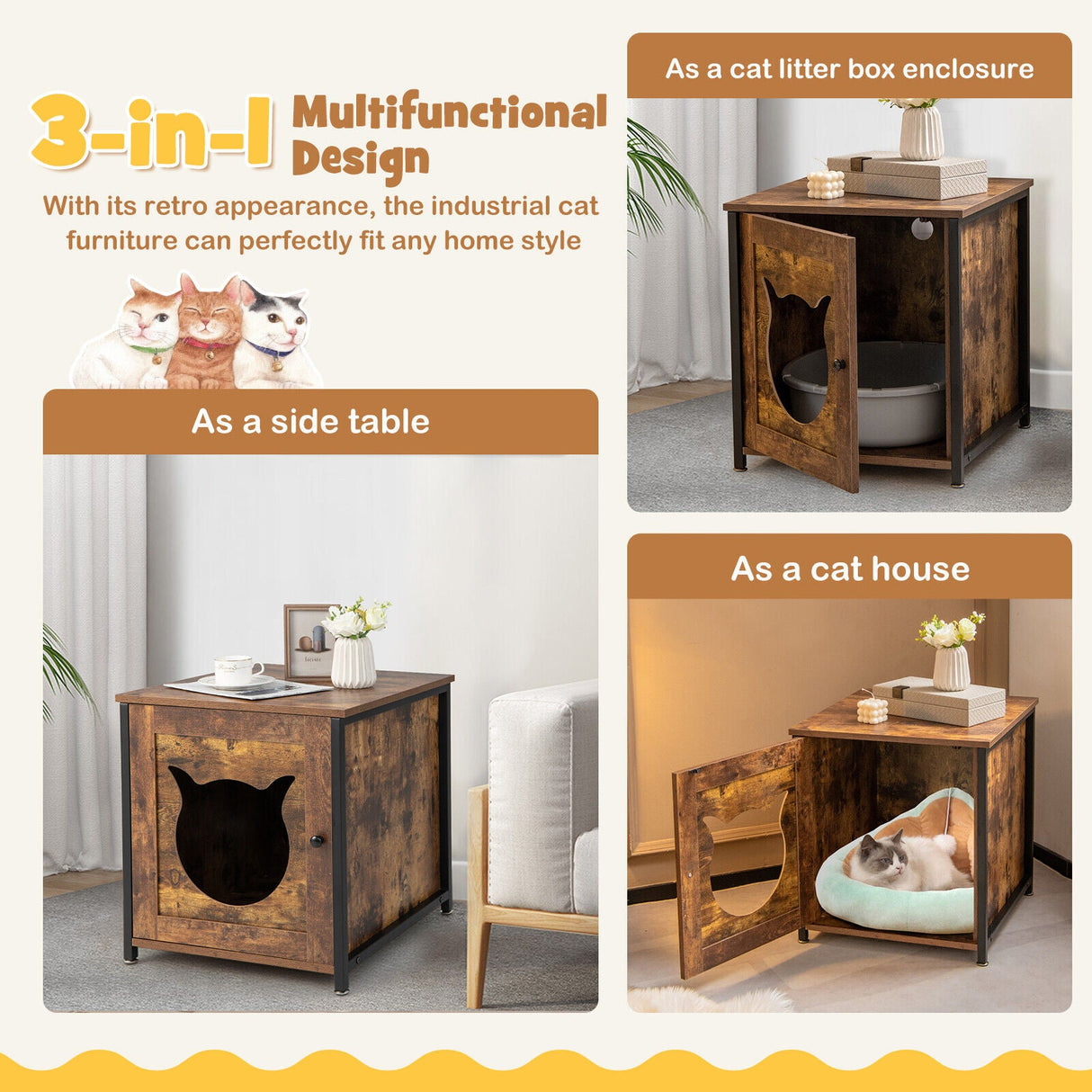 Arenero para gatos con puerta y orificio de ventilación - Marrón