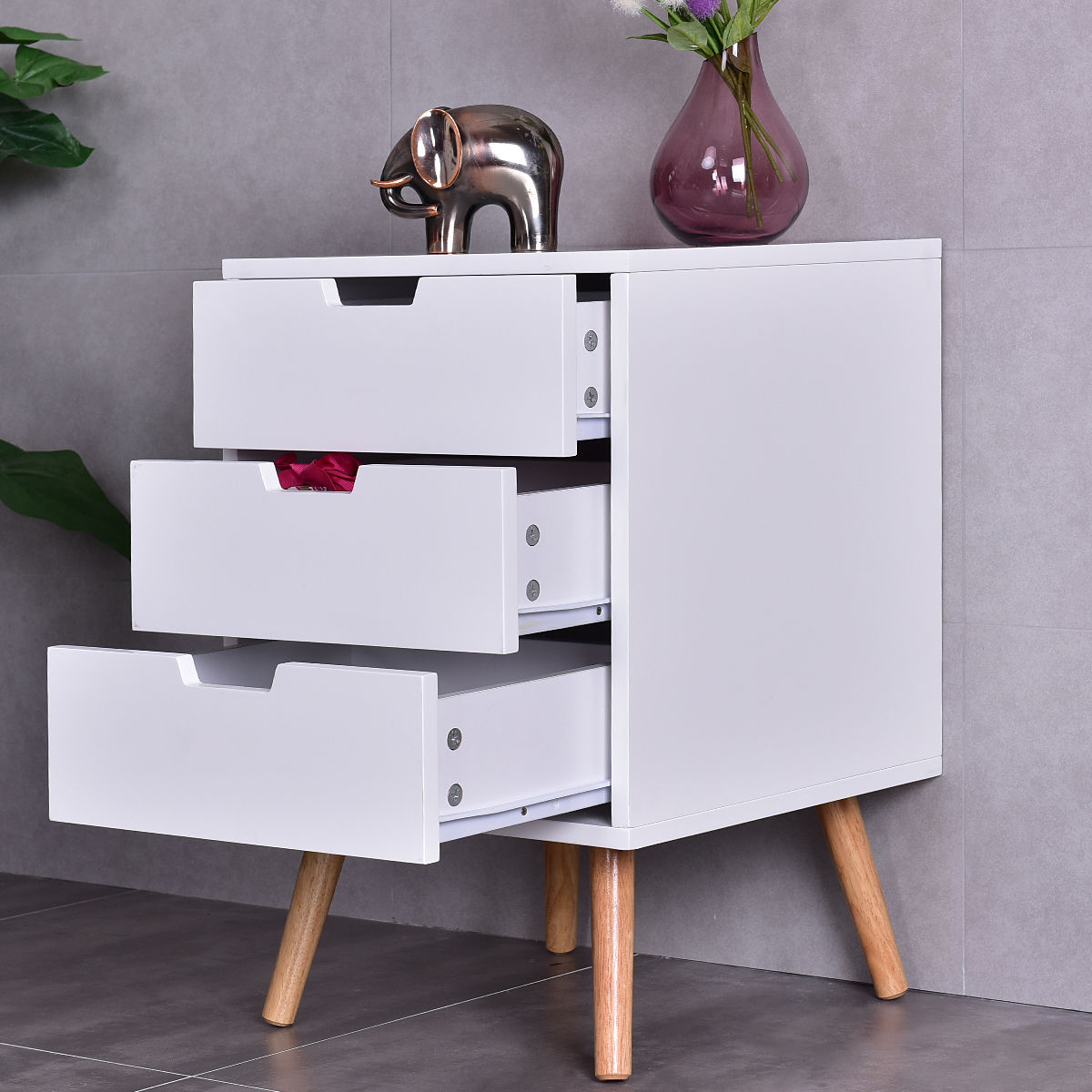 Mesa auxiliar de madera de mediados de siglo con 3 cajones