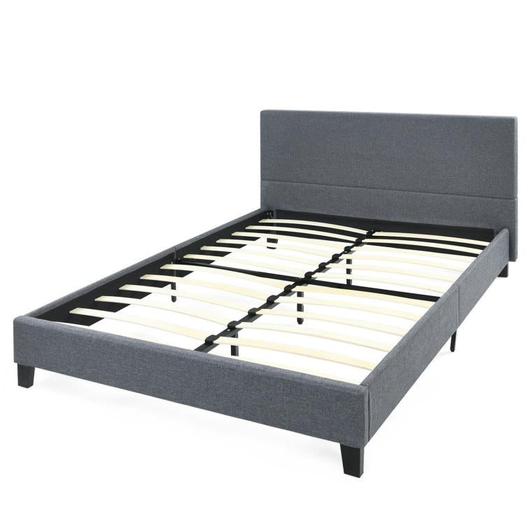 Base de cama tapizada tipo plataforma tamaño matrimonial/Queen con cabecero de lino