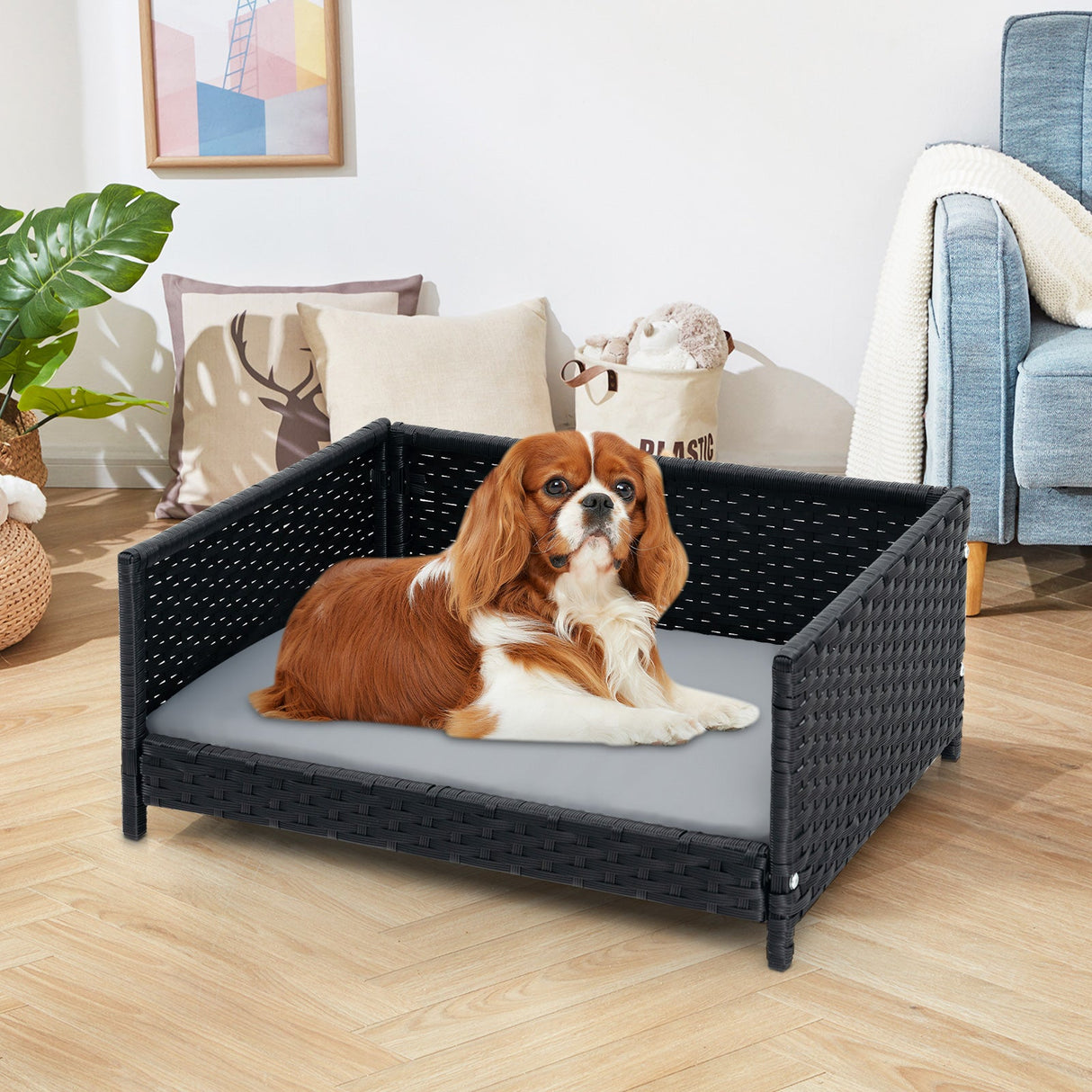 Cama de mimbre para perros con cojín suave impermeable para perros y gatos pequeños y medianos - Gris