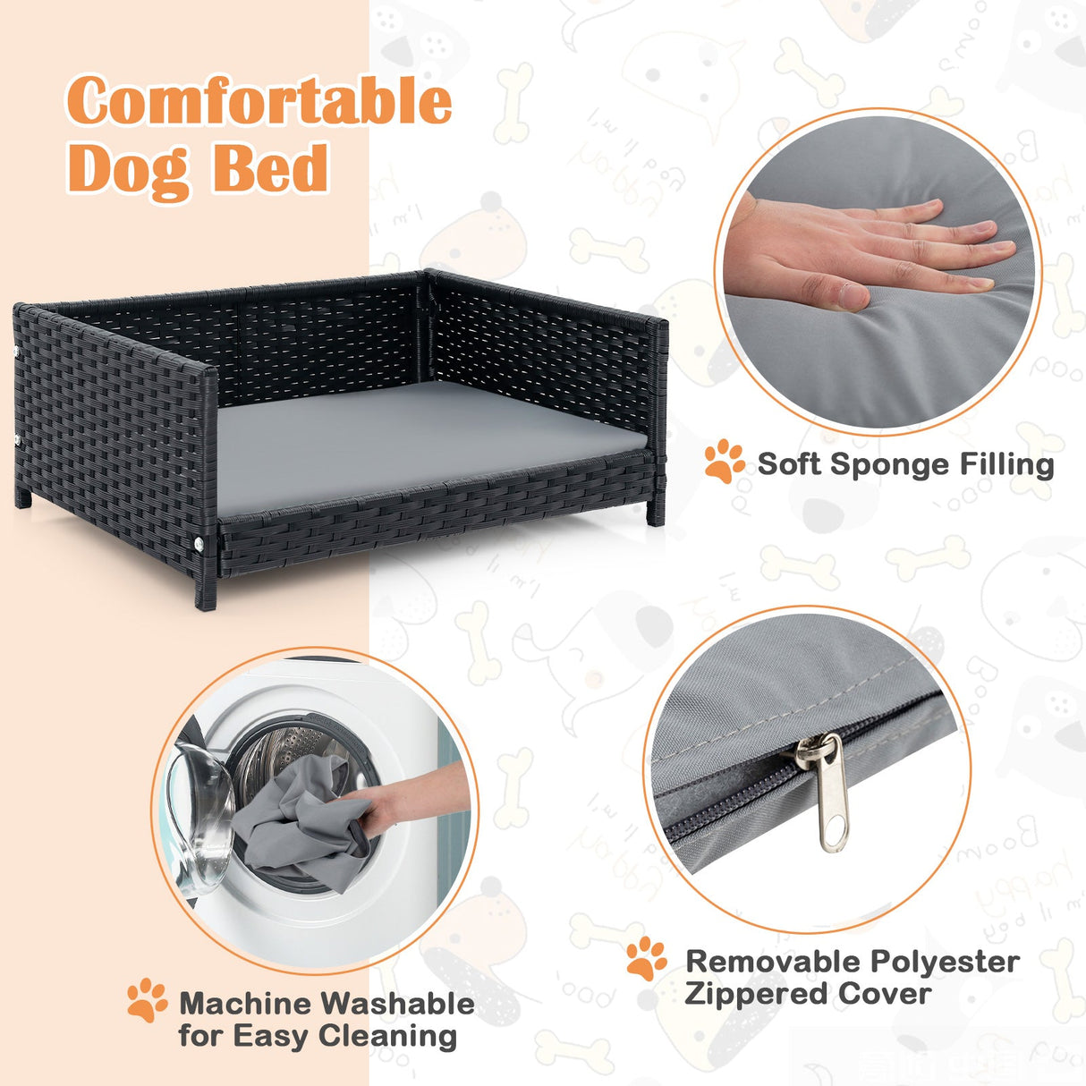 Cama de mimbre para perros con cojín suave impermeable para perros y gatos pequeños y medianos - Gris