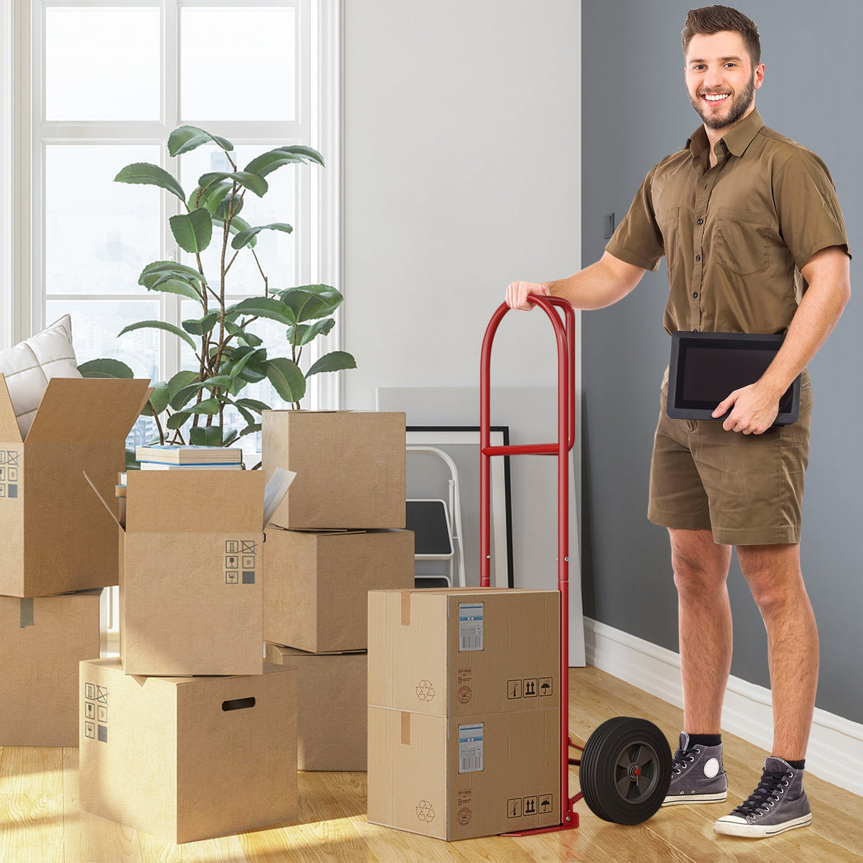 Carretilla de mano con asa P, ruedas de 10 pulgadas y plataforma de carga plegable - Roja