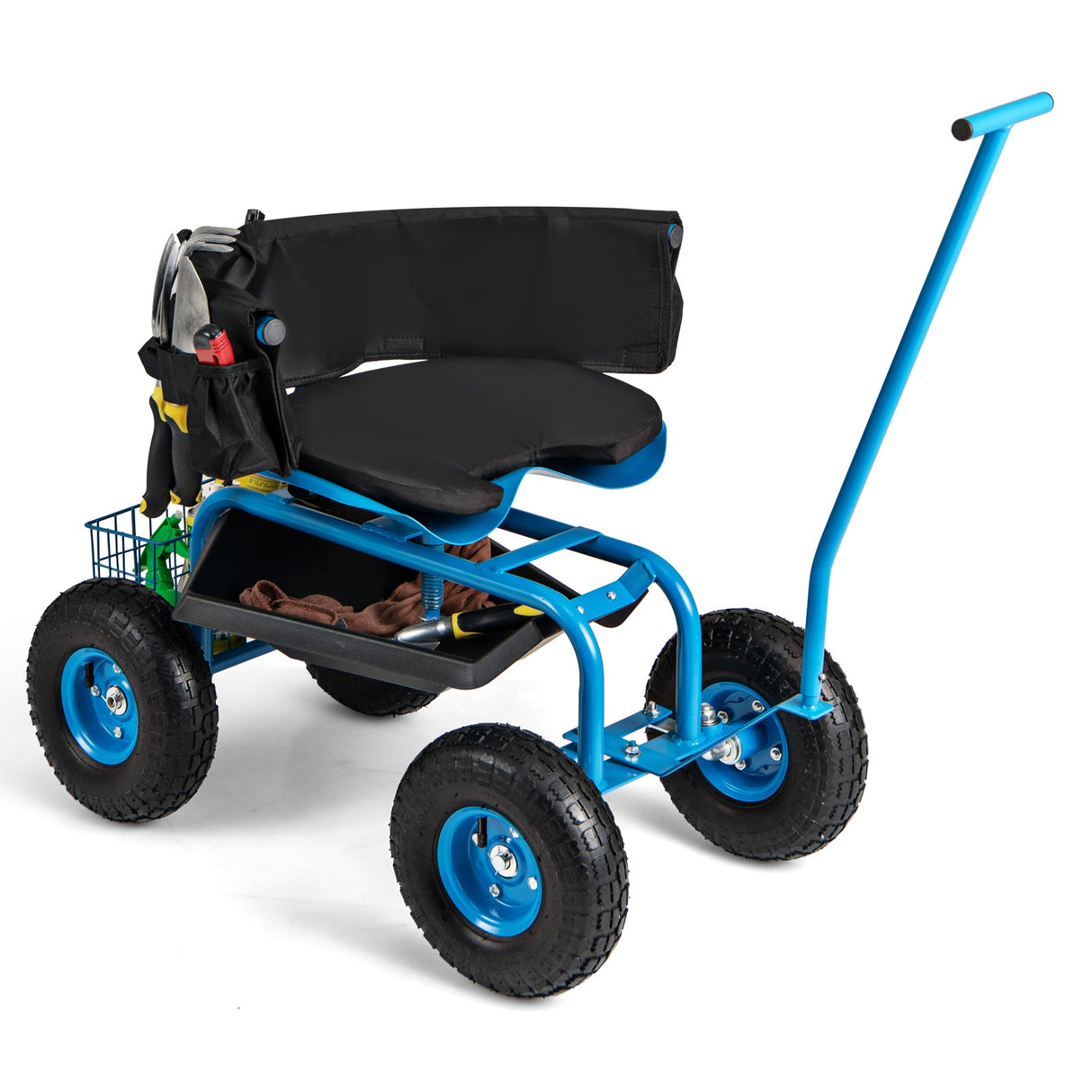 Carro de jardín rodante con asiento giratorio de altura ajustable y cesta de almacenamiento
