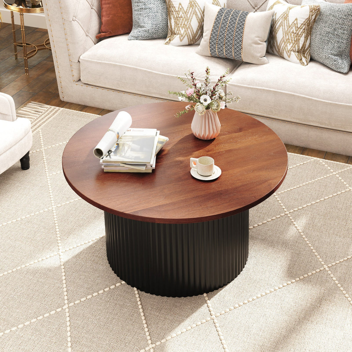 Mesa de centro redonda con estructura de madera maciza y tapa de madera-Nogal