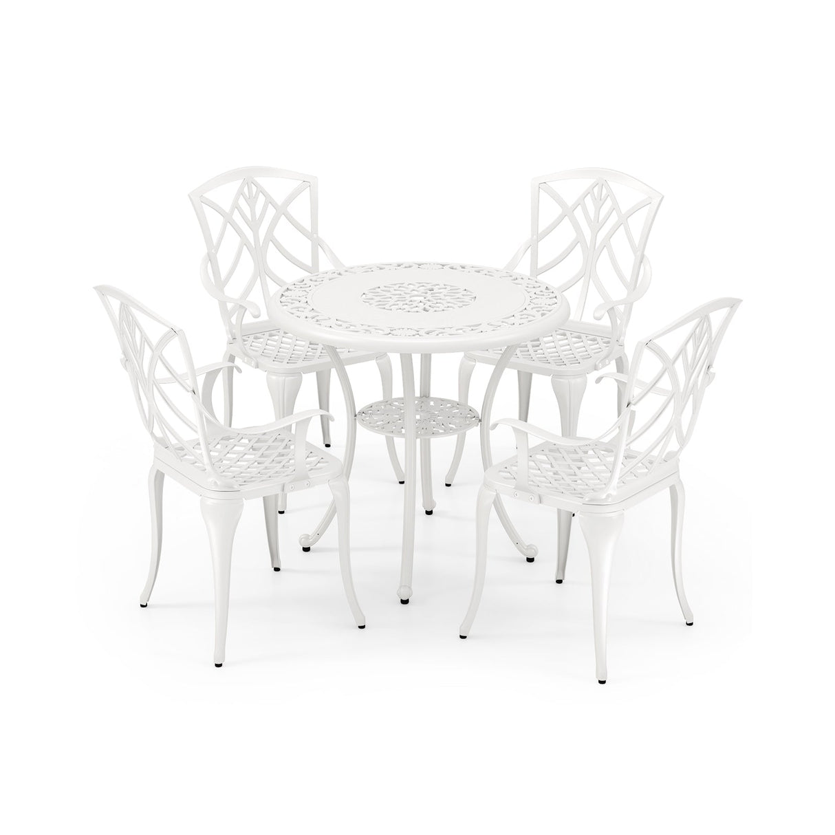 Juego de 4 sillas de comedor para patio de aluminio fundido con reposabrazos y motivos decorativos