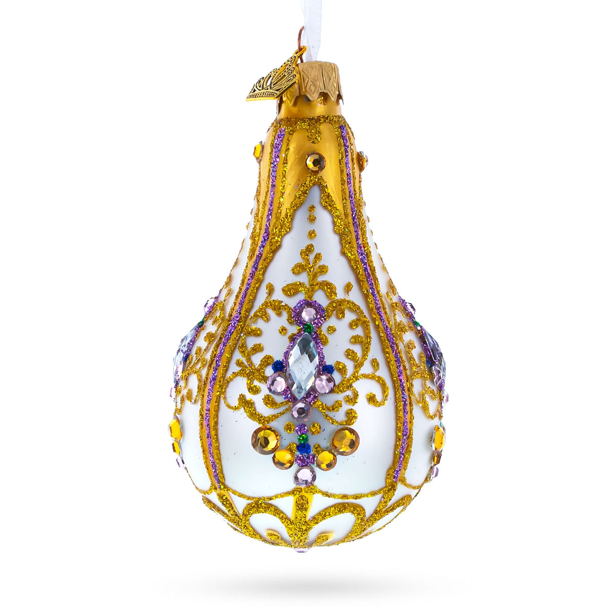 Multicolored Jewels on Golden Swirls Pear Shape Finial Glass Ornament