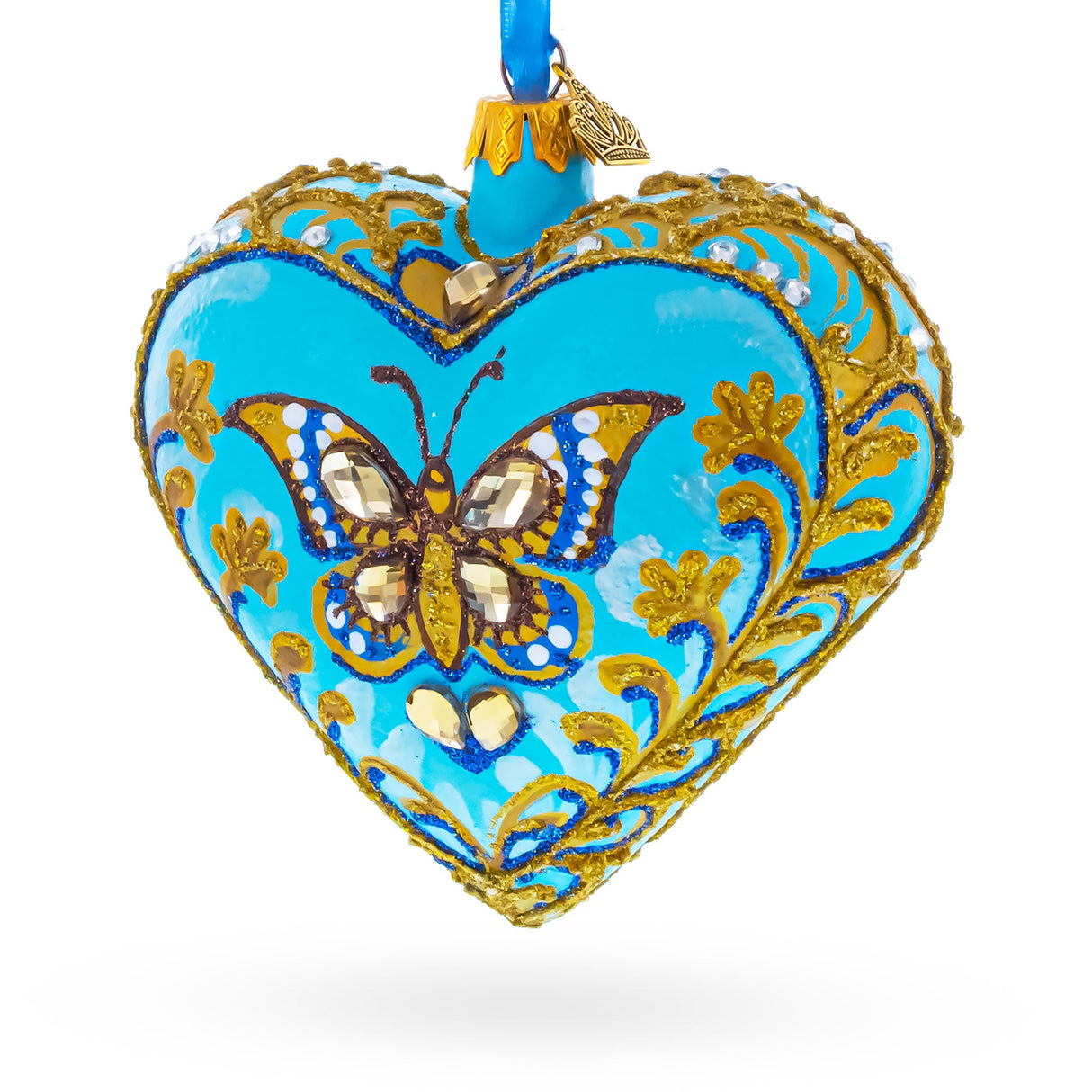 Turquoise Butterfly Elegance Heart Glass Ornament