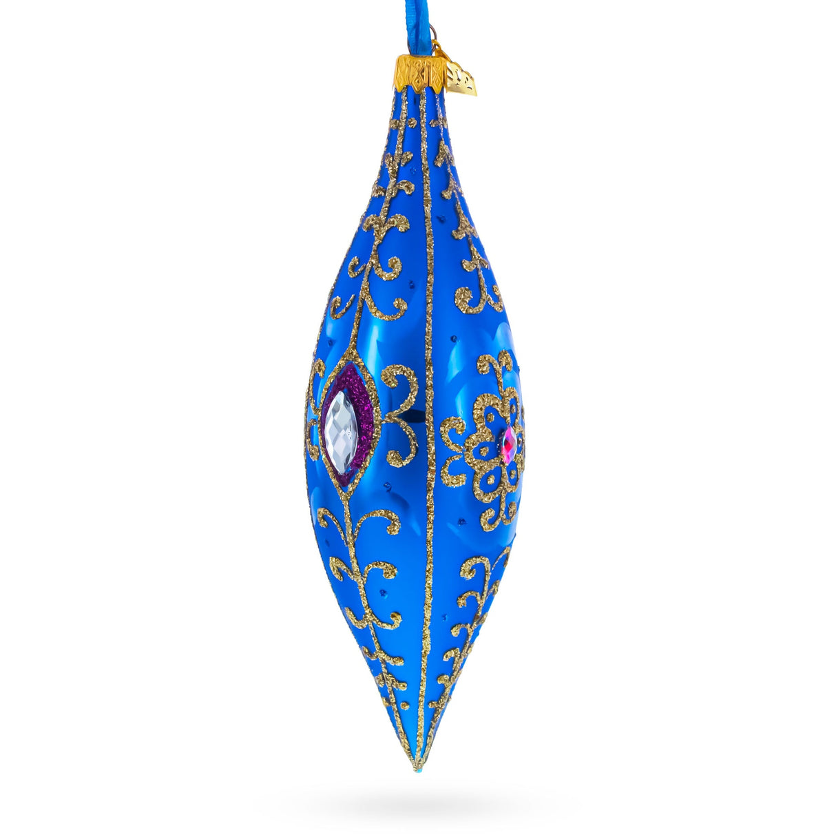 Royal Blue Jewel Scroll Elongated Pointed Teardrop Finial Glass Christmas Ornament