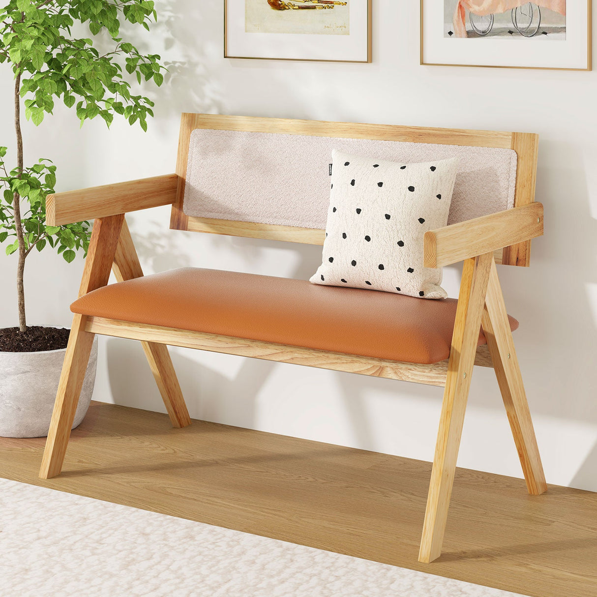 Banco de comedor de madera de caucho con reposabrazos, respaldo tapizado de sherpa y asiento acolchado suave - Natural