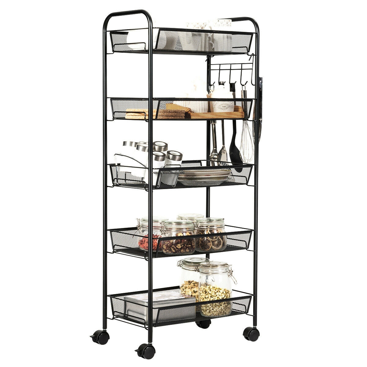 Carrito utilitario de archivo rodante de malla de 5 niveles con cesta de almacenamiento - Negro