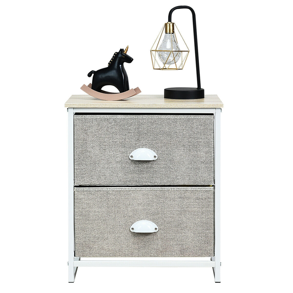 Mesa de Noche Mesita Lateral de Metal con 2 Cajones-Gris