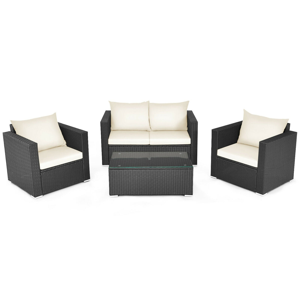 Juego de conversación de ratán para patio de 4 piezas con cojines y mesa de centro - Negro
