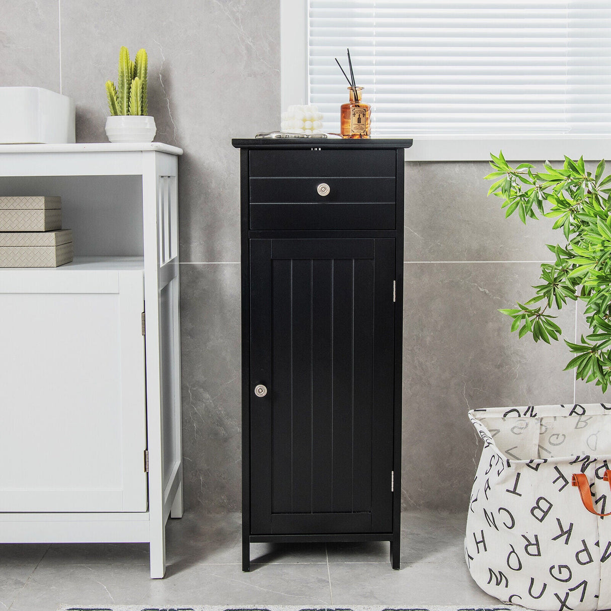 Mueble de almacenamiento de madera para baño con cajón y estante