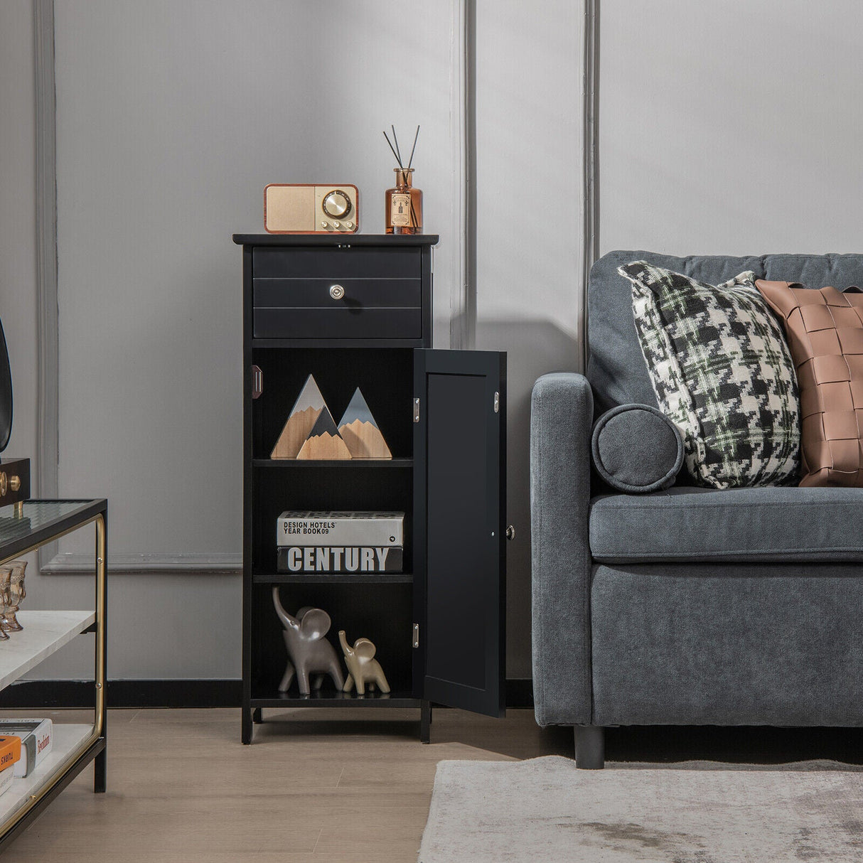 Mueble de almacenamiento de madera para baño con cajón y estante