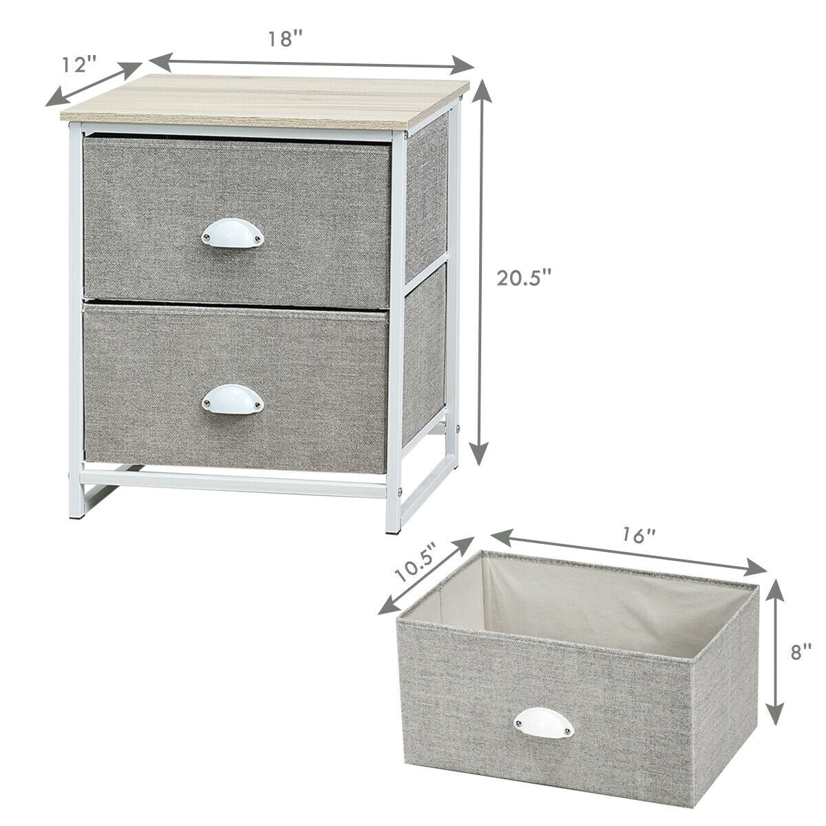 Mesa de Noche Mesita Lateral de Metal con 2 Cajones-Gris