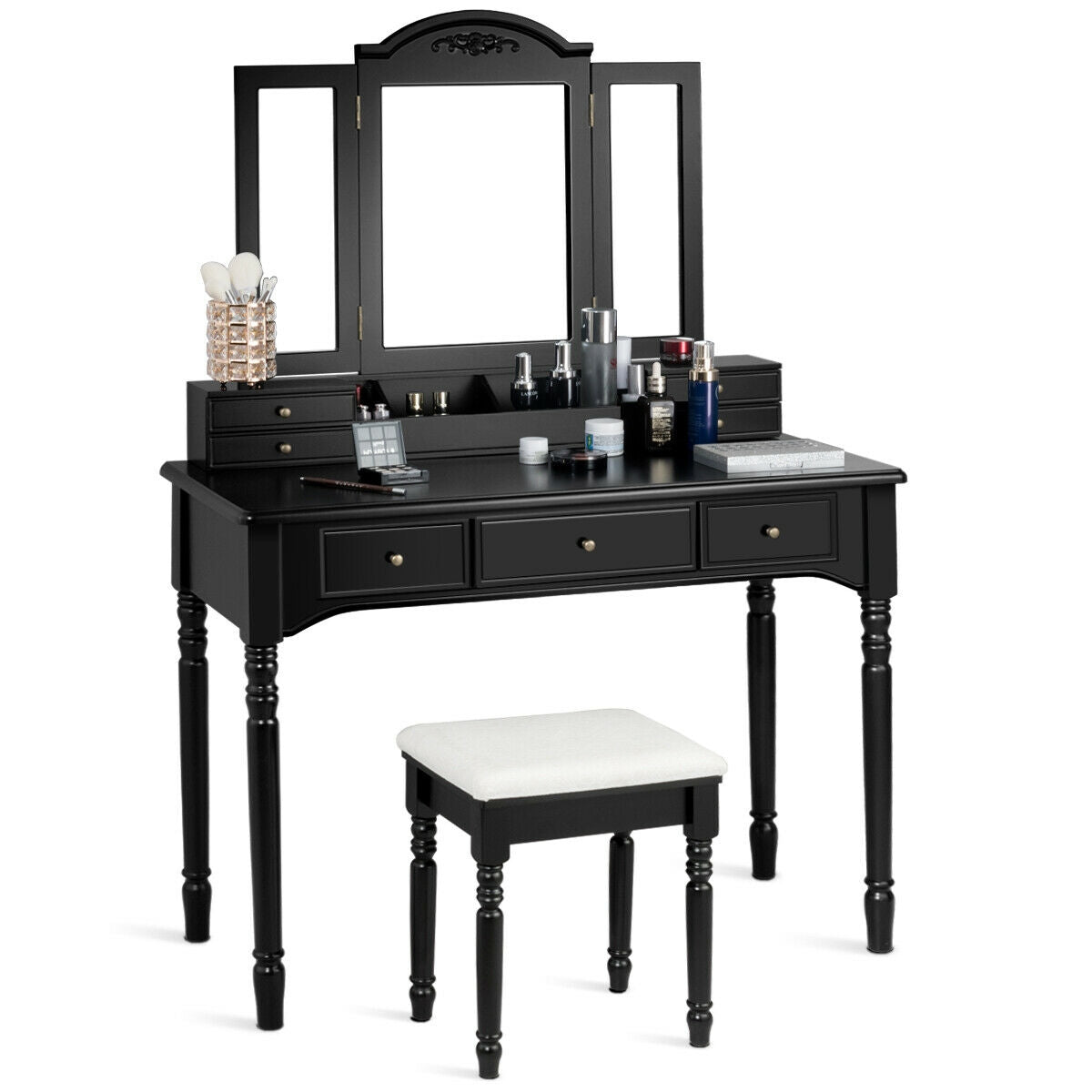 Tocador de Maquillaje con Espejo Triple y Taburete Acolchado para Mujeres