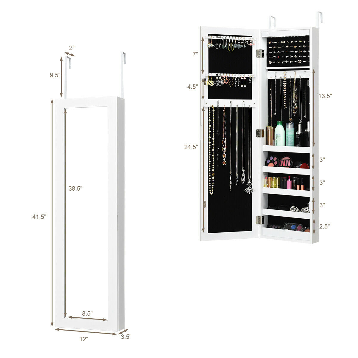 Gabinete de joyería espejado para pared y puerta con luz LED