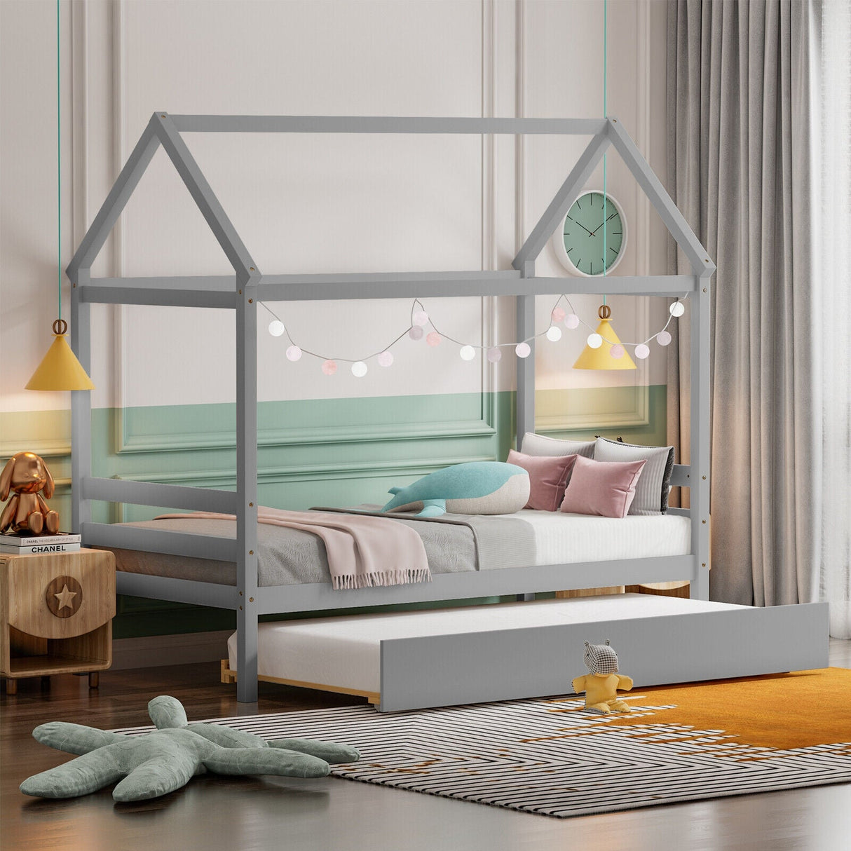 Marco de cama plataforma para niños con techo para dormitorio
