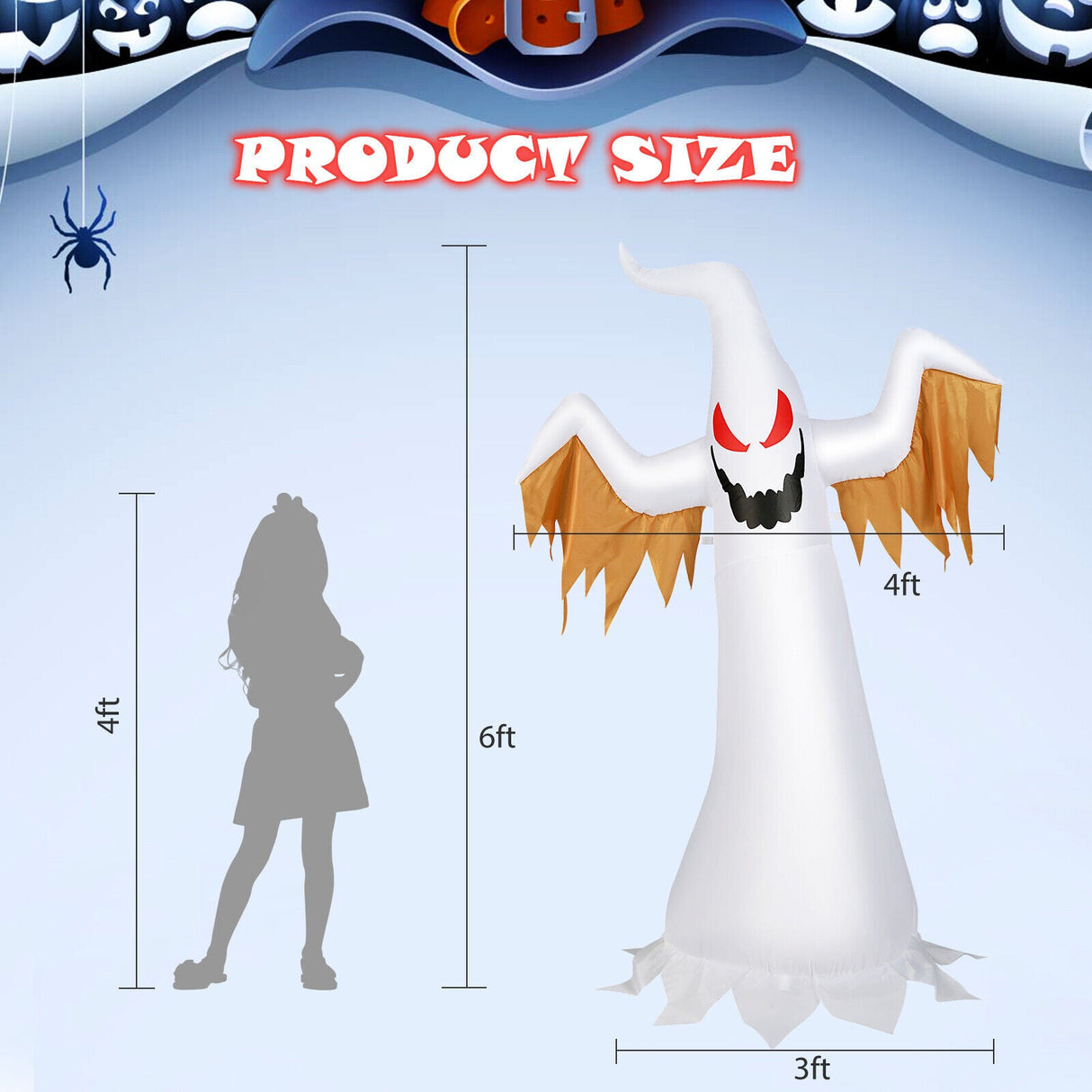 Fantasma inflable de Halloween de 6 pies, decoración de Halloween de inflado rápido con luces LED