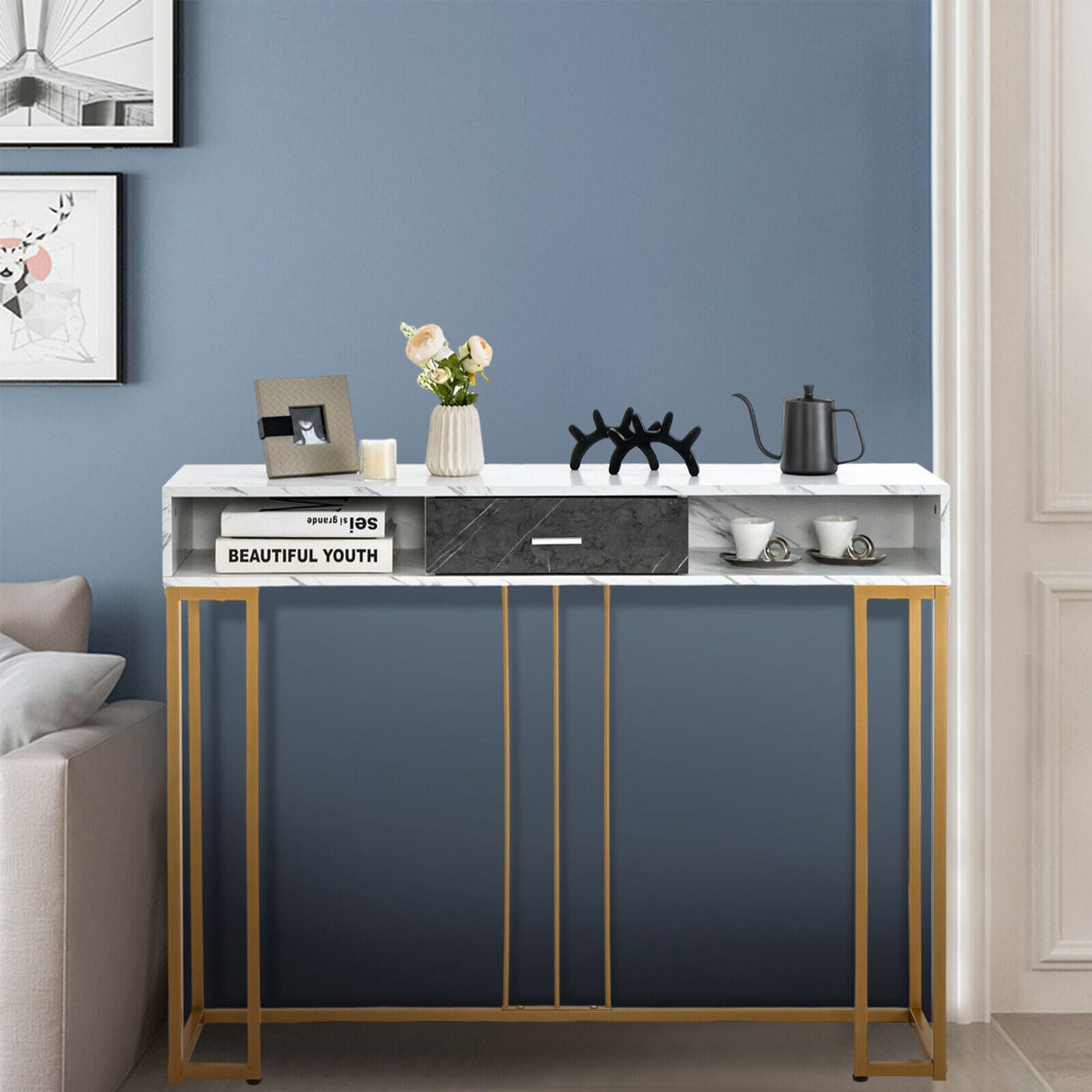 Mesa de sofá estrecha y larga para sala de estar - Blanca