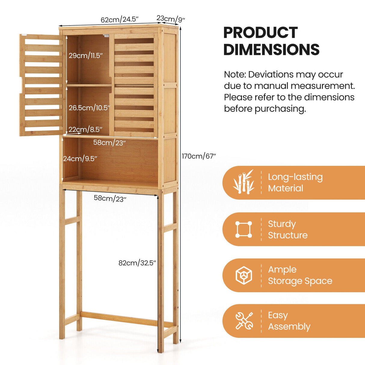 Armario de almacenamiento de bambú sobre el inodoro para baño con estante ajustable - Natural