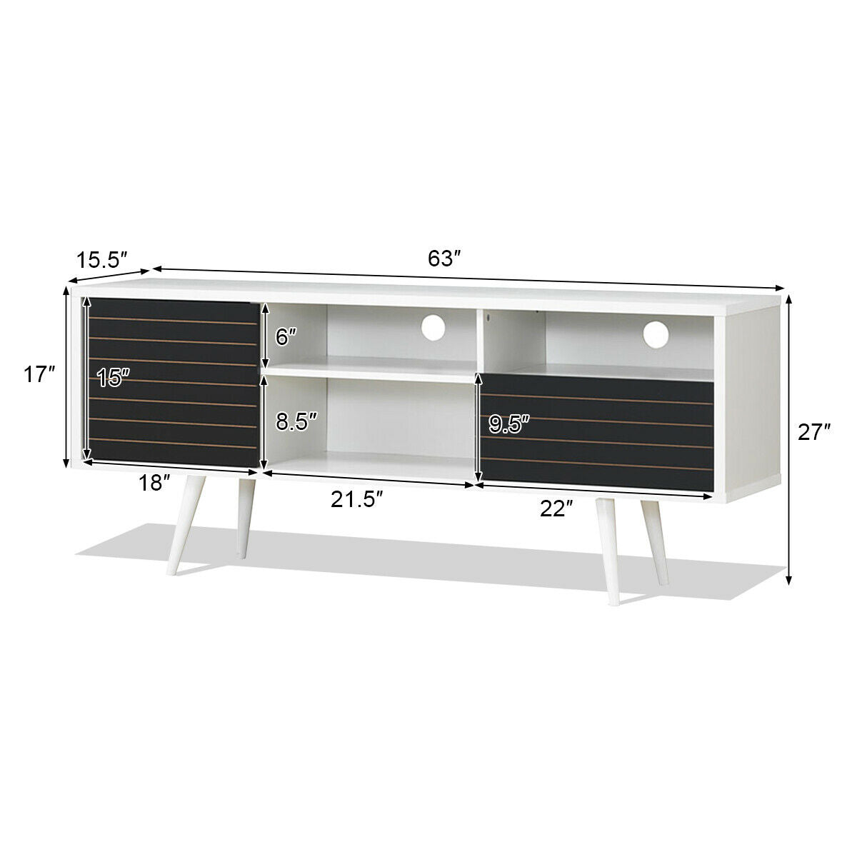 Mueble de TV moderno de mediados de siglo para televisores de hasta 65 pulgadas con estantes de almacenamiento