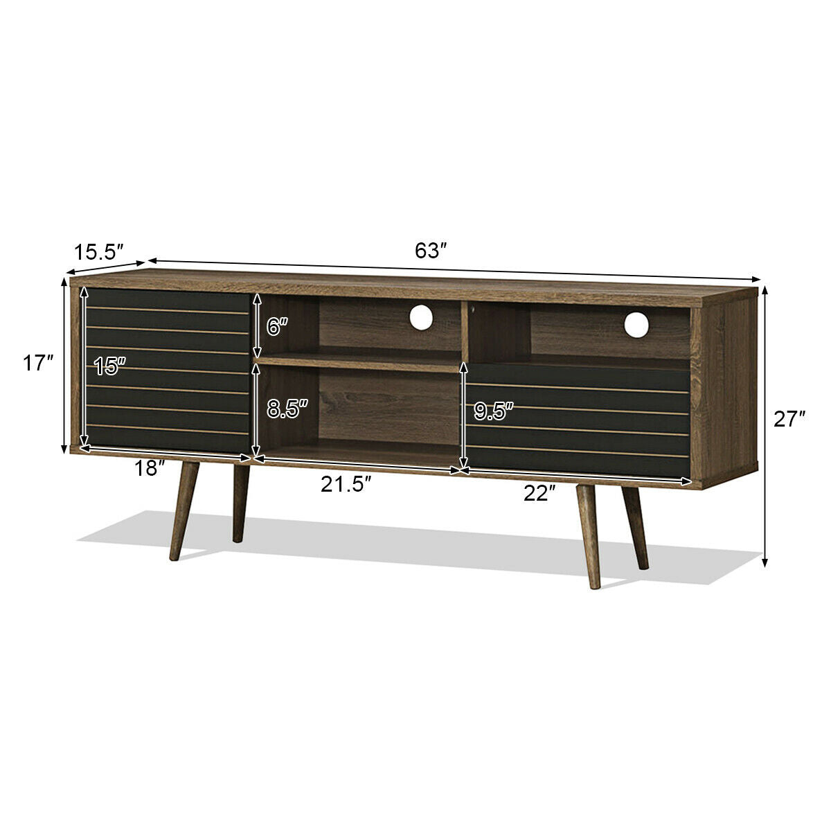 Mueble de TV moderno de mediados de siglo para televisores de hasta 65 pulgadas con estantes de almacenamiento