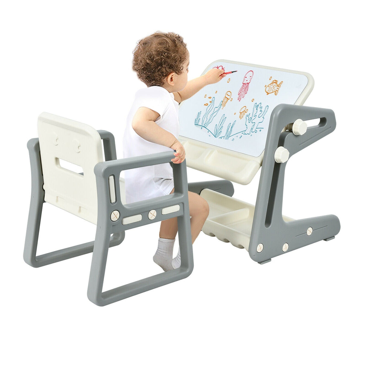 Set de mesa y silla para niños 2 en 1 con caballete y tablero de pintura artística ajustable