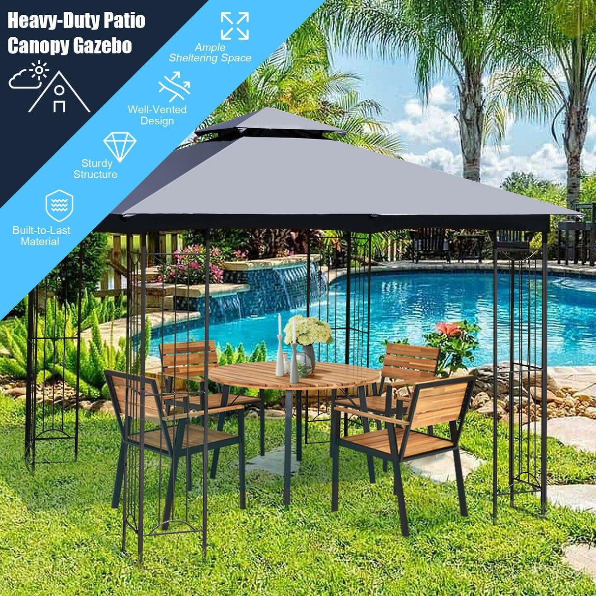 10 x 10 Feet L-Shaped Patio Canopy Gazebo Outdoor 2-Tier Steel Tent